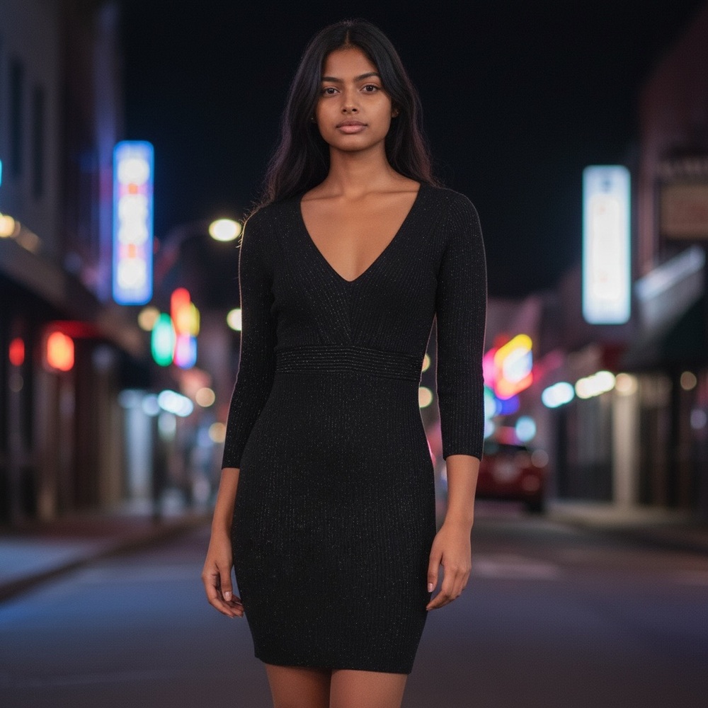 Forever‎ 21 Sparkly Ribbed Tinsel Black Mini Dress Sz M